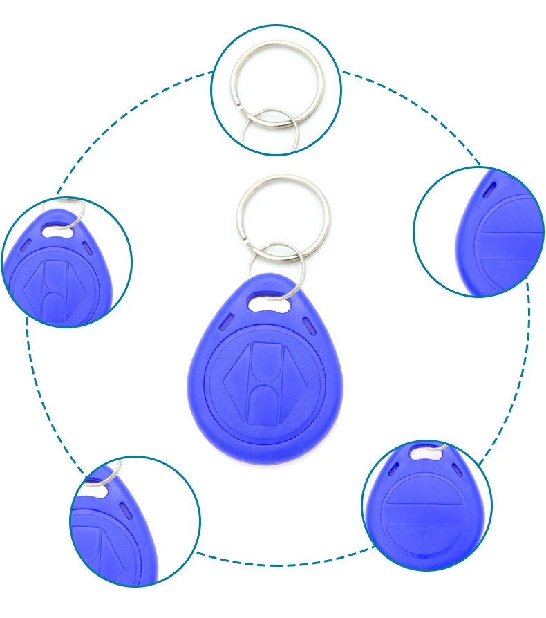 Pack of multiple blue T5577 keyfobs arranged together