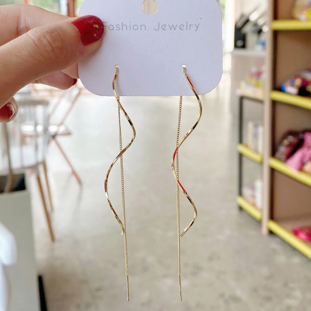 Wavy Long Drop Dangle Ear Line Earrings for Women Classic Spiral Stainless Steel Korea Earring Jewelry Gift