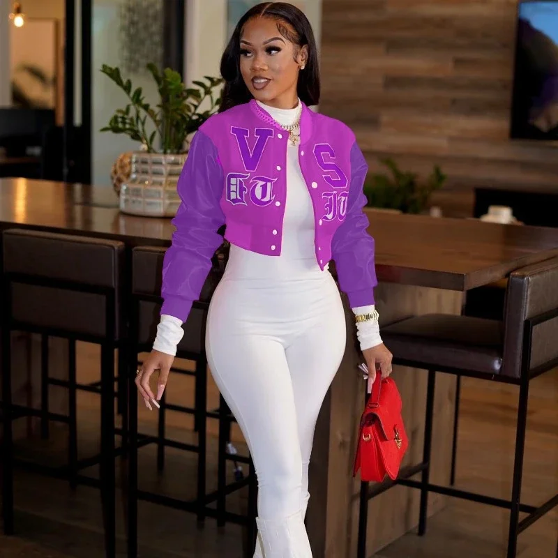 Letter Print Varsity Jacket Women PU Leather Patchwork Long Sleeve