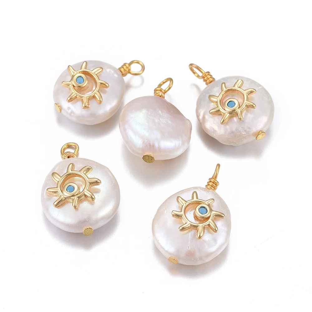 10pcs Natural Cultured Freshwater Pearl Pendant With Brass Micro Pave Cubic Zirconia Findings Nugget With Sun For Jewelry Making