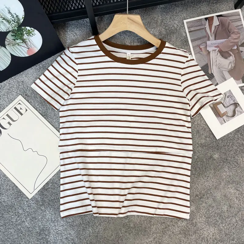 Maternity Clothes For Women Breastfeeding Tops Summer Short Sleeve Striped Splicing Pregnant T-Shirts Casual Nursing Clothing 2