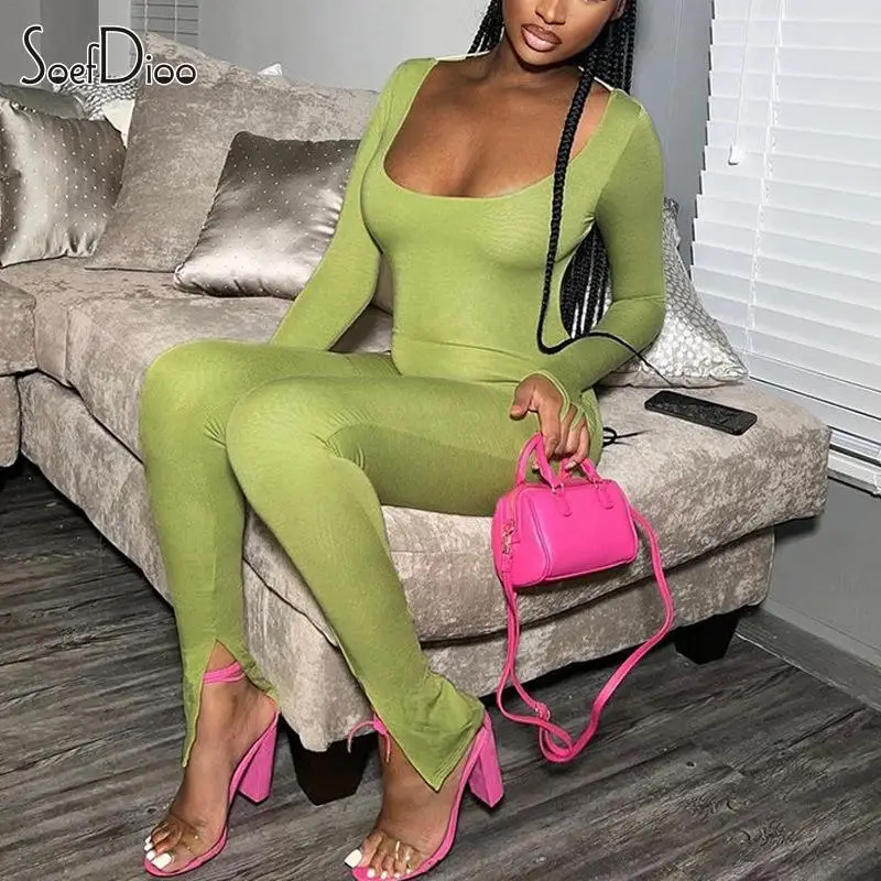 

Soefdioo Solid Sexy U-Neck Long Sleeve Skinny Shaping Jumpsuit Women Autumn 2023 Fashion Streetwear One Piece Outfits Tracksuits
