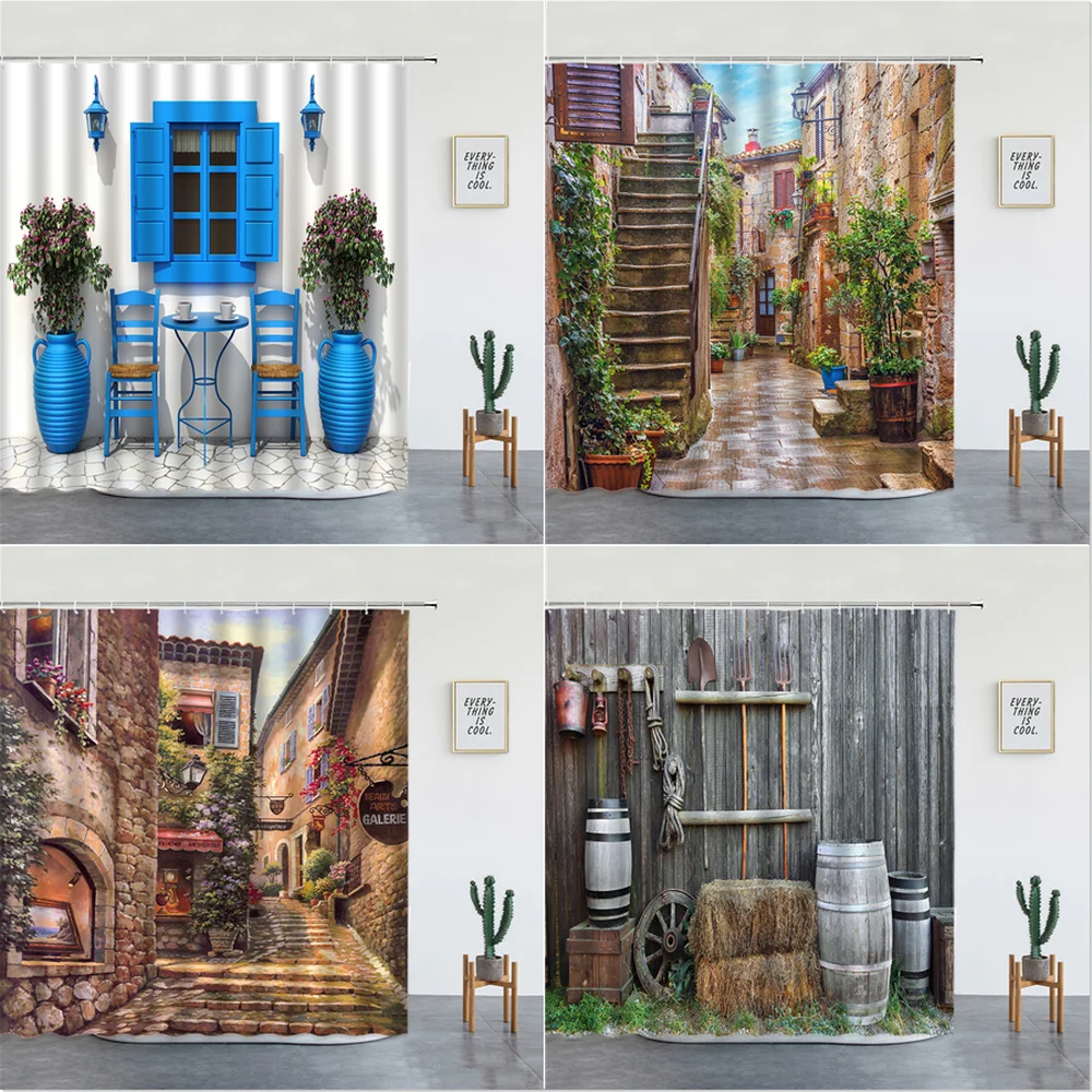 

Landscape Shower Curtains Set 3d European Rural Town Street Flower Scenery Wall Hanging Bathroom Decor Bathtub Screen With Hooks