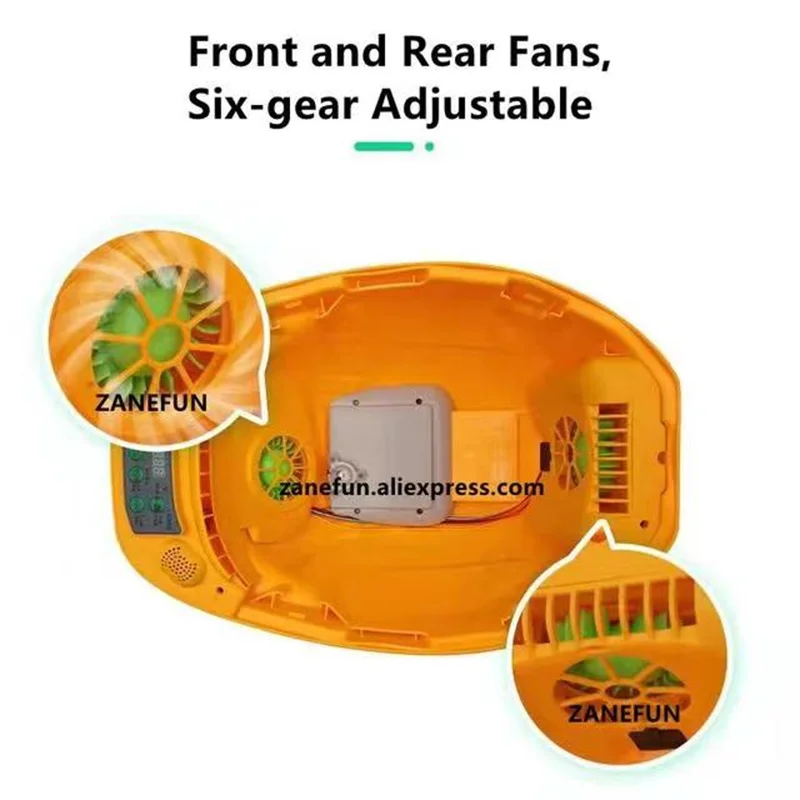 Construction Safety Helmet With 2 Fans Bluetooth FM Radio LED Headlight 9000mAh Rechargeable Lithium Battery Aubile SOS Alarm