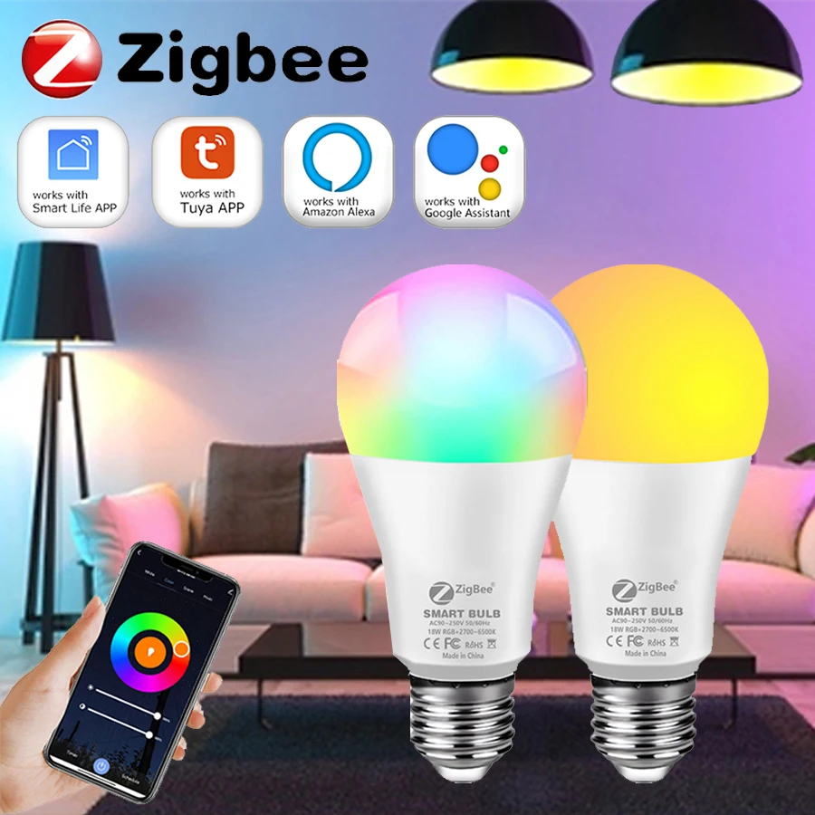 Zigbee 3.0 Smart LED Bulbs Light E27 18W 15W 12W RGB+WW+CW Dimmable Voice APP Control For Bedroom Living Room Decoration smart led light bulbs