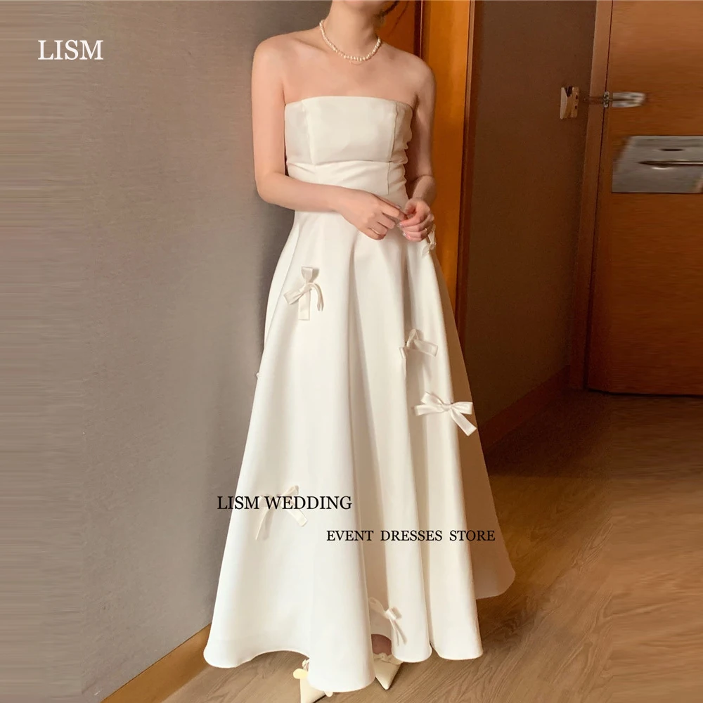 

LISM Simple Bowknot A Line Korea Wedding Dresses Strapless Soft Satin Lace Up Back Bridal Gowns Formal Party Dress