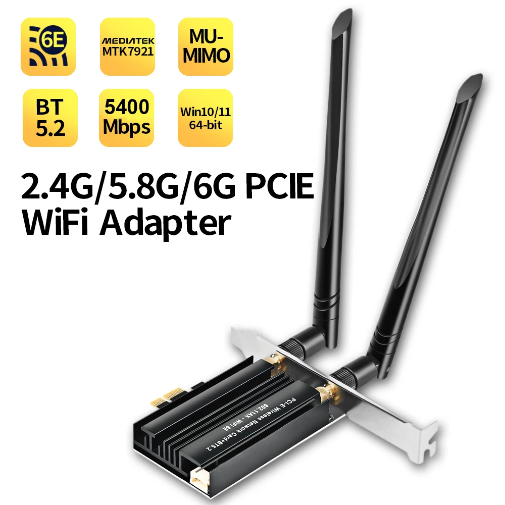 

5400Mbps WiFi 6E Adapter Wireless Bluetooth 5.2 Network Card Tri Band 2.4G/5G/6Ghz PCI Express Card 802.11AX for Window 10 11