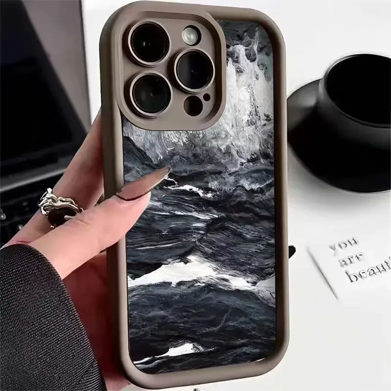 Black Style Gradient Watercolor Phone Case For iPhone 15 13 14 11 12 Pro Max 7 8 Plus XS Max XR Shockproof Silicone Back Cover