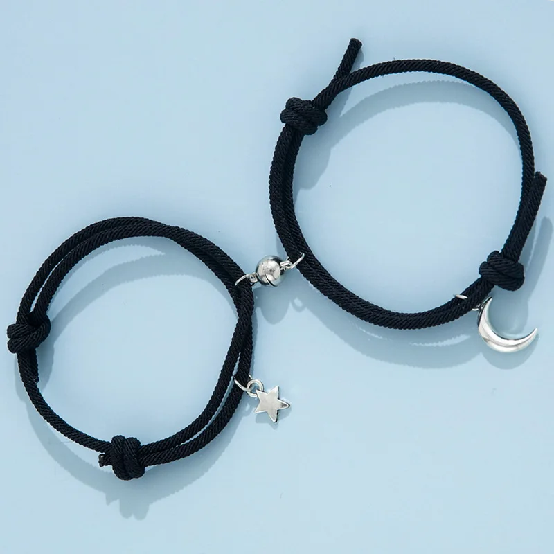 Chain Bracelet 2Pcs Fashion Star Moon Magnetic Pendant Couple Handmade Rope for Women Friendship Minimalist Jewelry