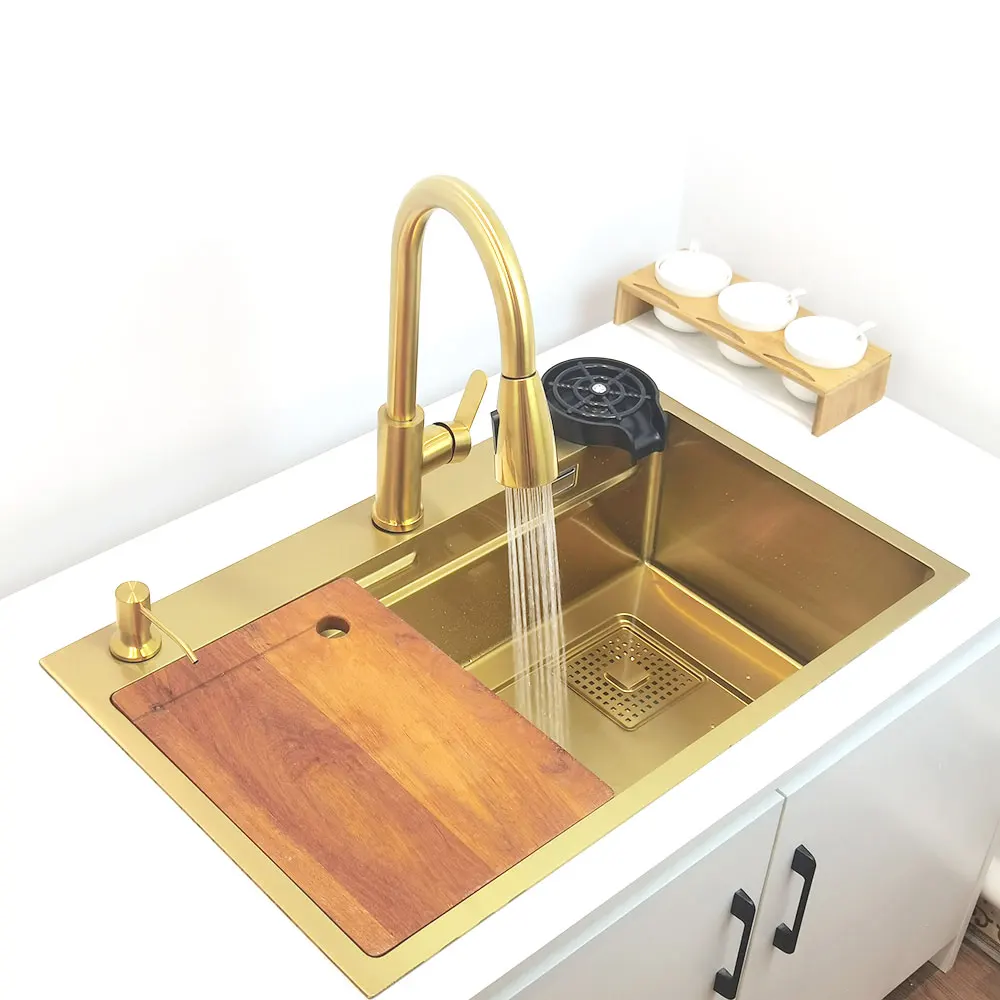 4-function kitchen faucet nano kitchen sink Golden Waterfall tap Stainless Steel Single Bowl Wash Basin Anti-scratch sinks Gold