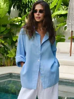 Bornladies 100% coton printemps été polyvalent paresseux chemise décontractée femmes à la mode couleur unie chemise ample Cardigan chemise 1