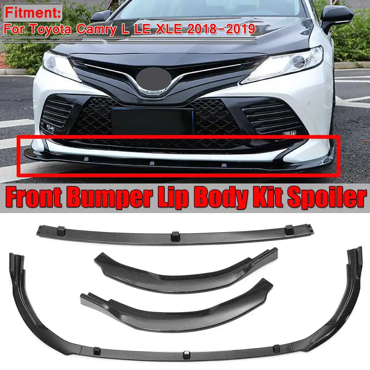 

3Pcs Car Front Bumper Lip Chin Body Kit Spoiler Diffuser Deflector Lips Protectiom Guard For Toyota For Camry L LE XLE 2018 2019