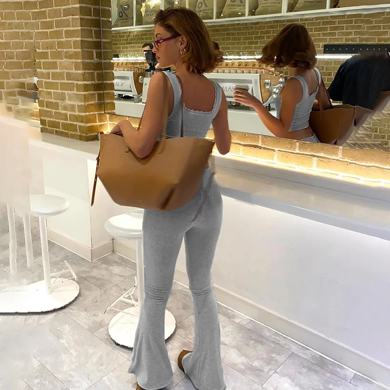 Lace Patchwork  2 Piece Sets 2024 Summer Soild Tank Crop Tops Low Waist Flared Pants Casual Skinny Matching Outfits Streetwear