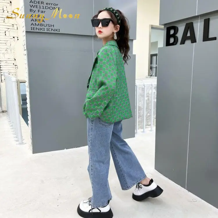 

Fashion baby trend girl's suit handsome loose large children's small suit spring and autumn green checkerboard checked coat