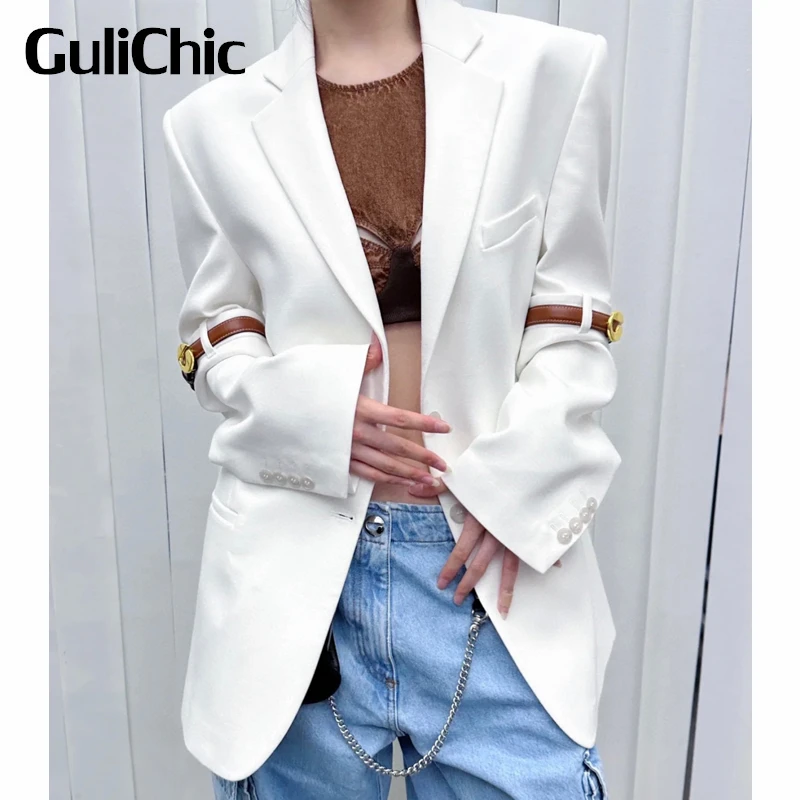 

9.12 GuliChic Women Street Casual Shoulder Pads Long Sleeve Belt Decoration Single Breasted Solid Color Blazer