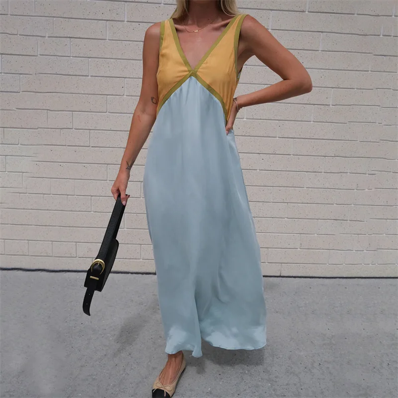 Vestido elegante de verano para mujer, con cuello en V, sin mangas, con patchwork de colores contrastantes, largo y sexy para fiesta de noche.
