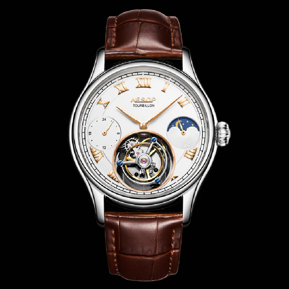 

AESOP Off-Axis Tourbillon Skeleton Mechanical Watch For Men Luxury Brand Famous Moonphase Multi Function Waterproof Watches 2022