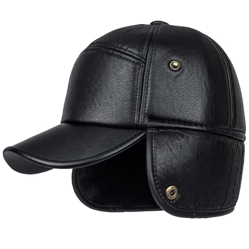 

Winter Warm Cap Men Black Leather Fur Baseball Cap Hats for Men Snapback Women Casquette Bones Dad Caps Gorras Earflaps Thicken