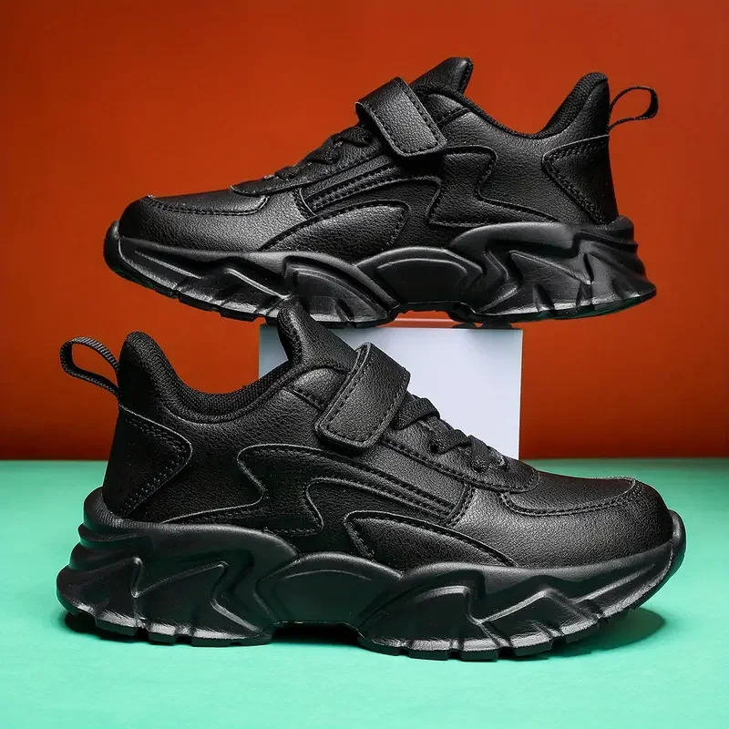 Boys Black Waterproof Running Shoes - Casual Leather Sports Footwear