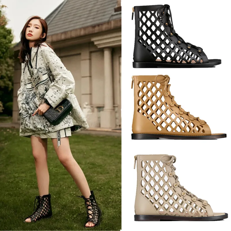 

Summer Hollow Ankle Boots Cross-tied Peep Toe Women Shoes Retro Lace Up Mesh Botas Femininas Gladiator Leisure Flat Botines 42