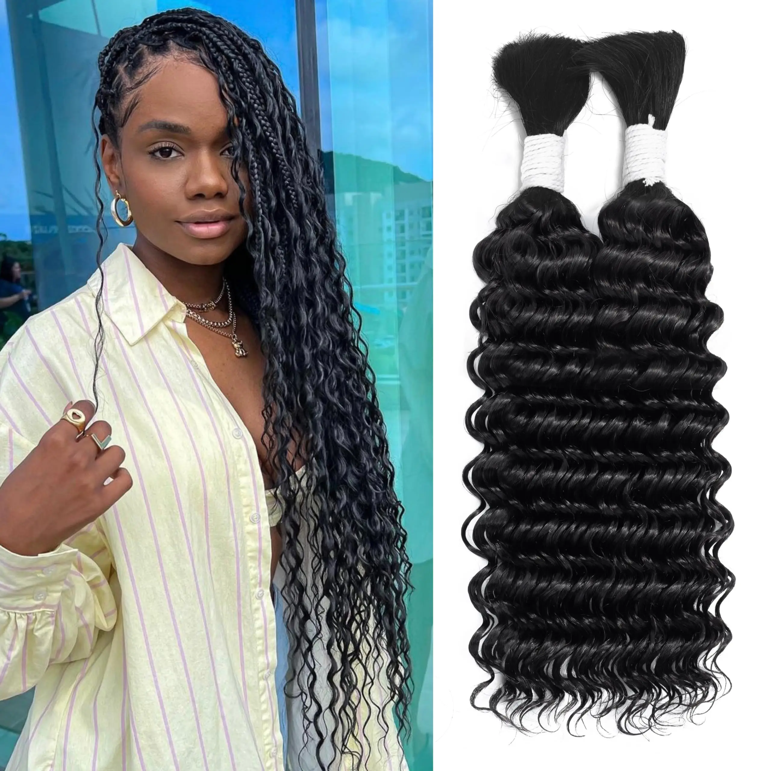Color: Natural Color, Material Grade: virgin hair, Stretched Length: 24inches, Bulk Buy: 5pcs/lot - Bulk hair braiding Water Wave Bulk 18 inch human hair Boho braids with for knotless box or curly loose wave
