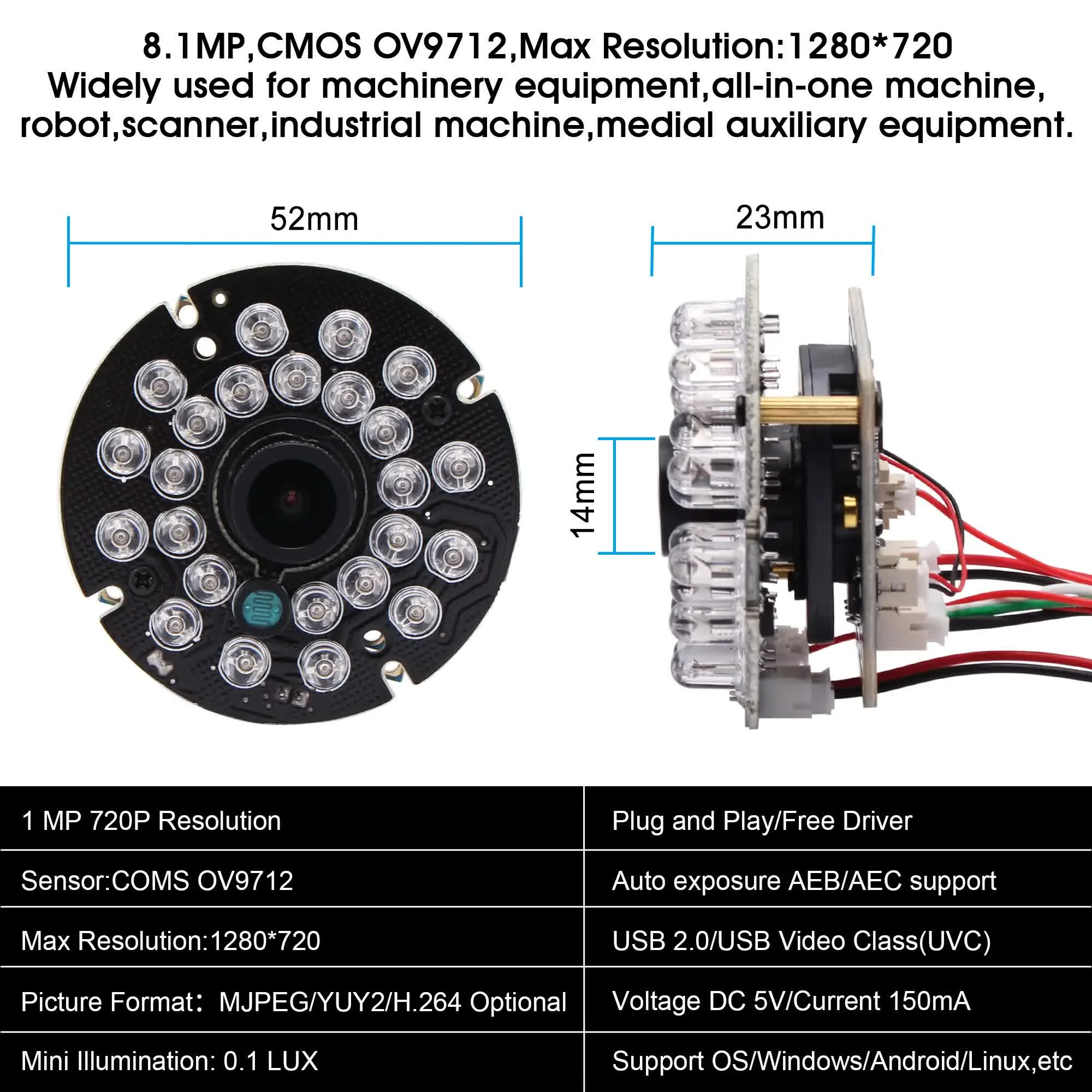 SVPRO 1MP 1280x720 HD 850nm IR Night Vision USB Webcam Ominivision OV9712 House and Pc Industrial Security CCTV Camera Module images - 6