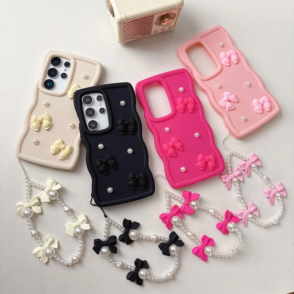Elegant 3D Bowknot Pearl Chain Rope Phone Case - Soft Candy Wave Design