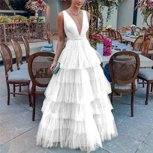 

Women Elegant Puff Tiered Ball Gown V-neck Layer Ruffles Long Mesh Female Sexy Evening Party Dress Summer Dress 2022