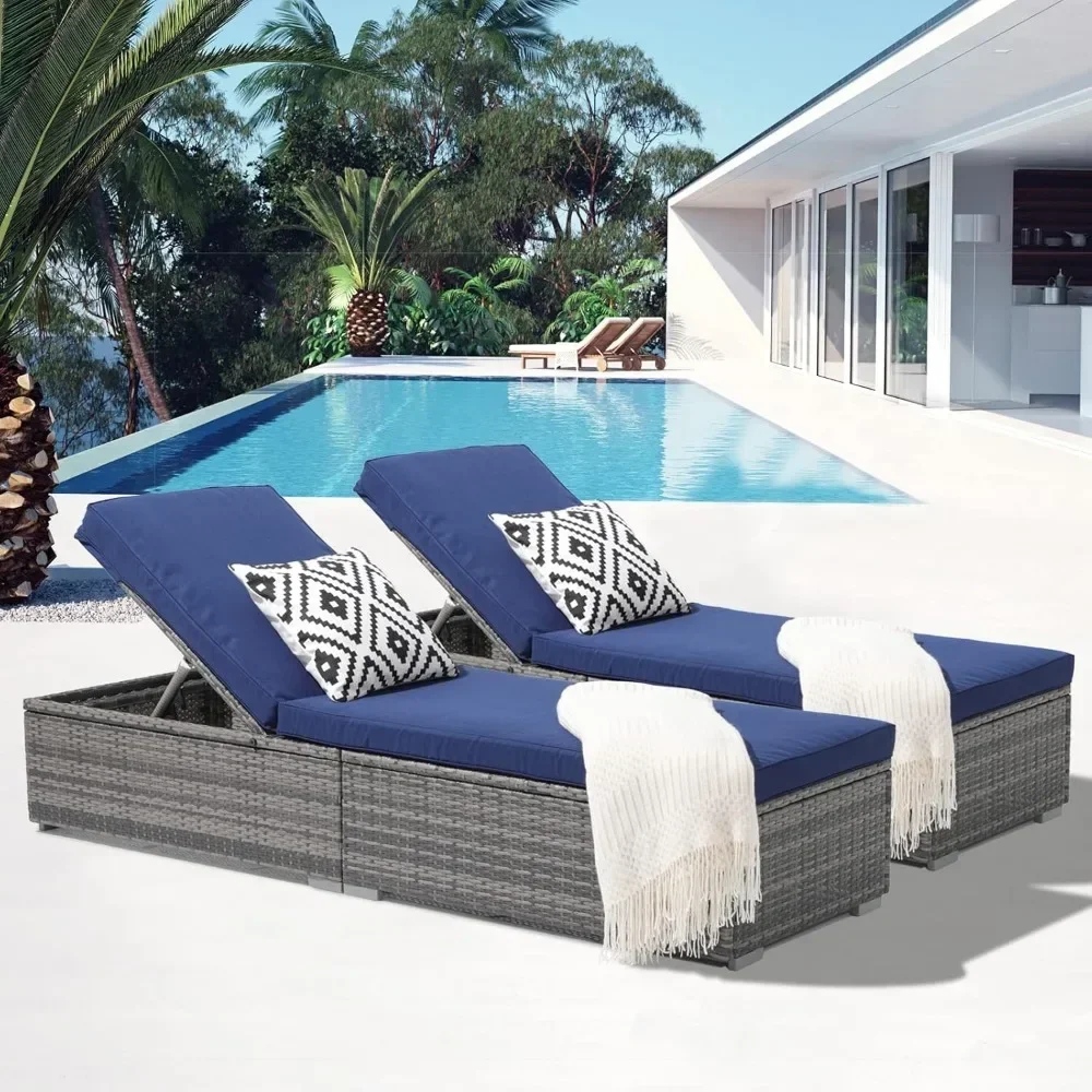 Outdoor Chaise Lounge Chair, Pool Rattan Chaise Lounge Chair with Navy Blue Cushion, Grey PE Wicker, Steel Frame, Set of 2 6