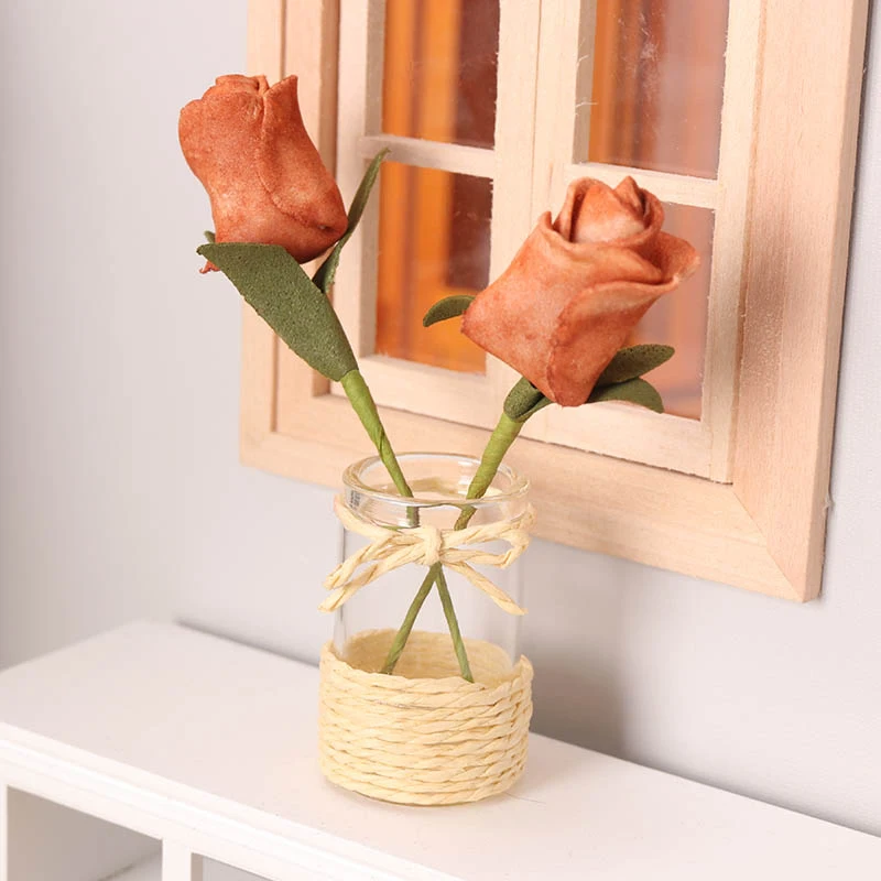 Glass Flower Arrangement Vase with Rose 1/6 Dollhouse 1