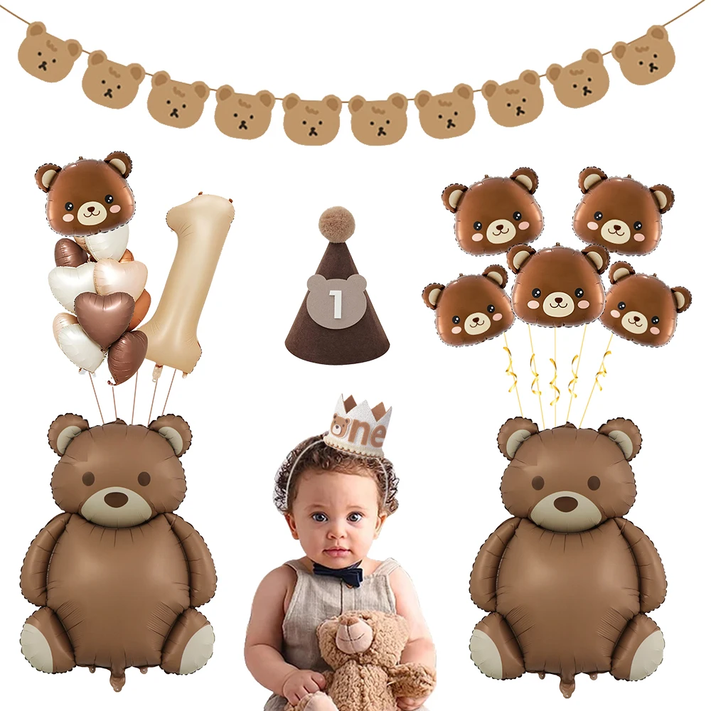 Kaffeebraunes Teddybär-Ballon-Set mit Zahlen- und Herzballons für Kindergeburtstage, Hochzeiten und Babypartys