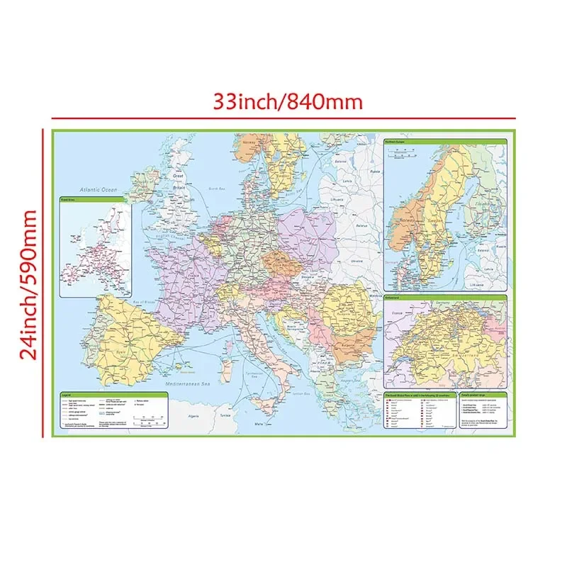 The Europe Political Map with Traffic Route 84*59cm Canvas Painting Wall Art Poster Home Decor School Classroom Supplies