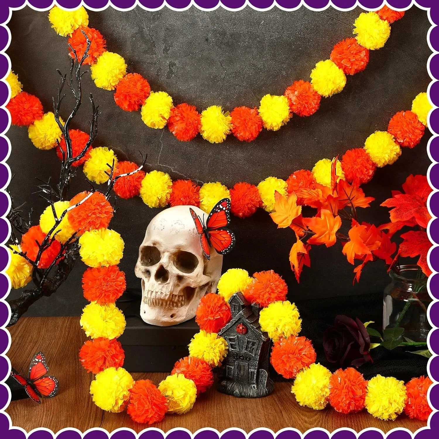 1 Stück 1,5 m künstliche Ringelblumen-Girlande, Halloween-Dekorationen für Heimdekoration, Garten, Außentür, Hochzeit, orangefarbene Ornament – Detail 7