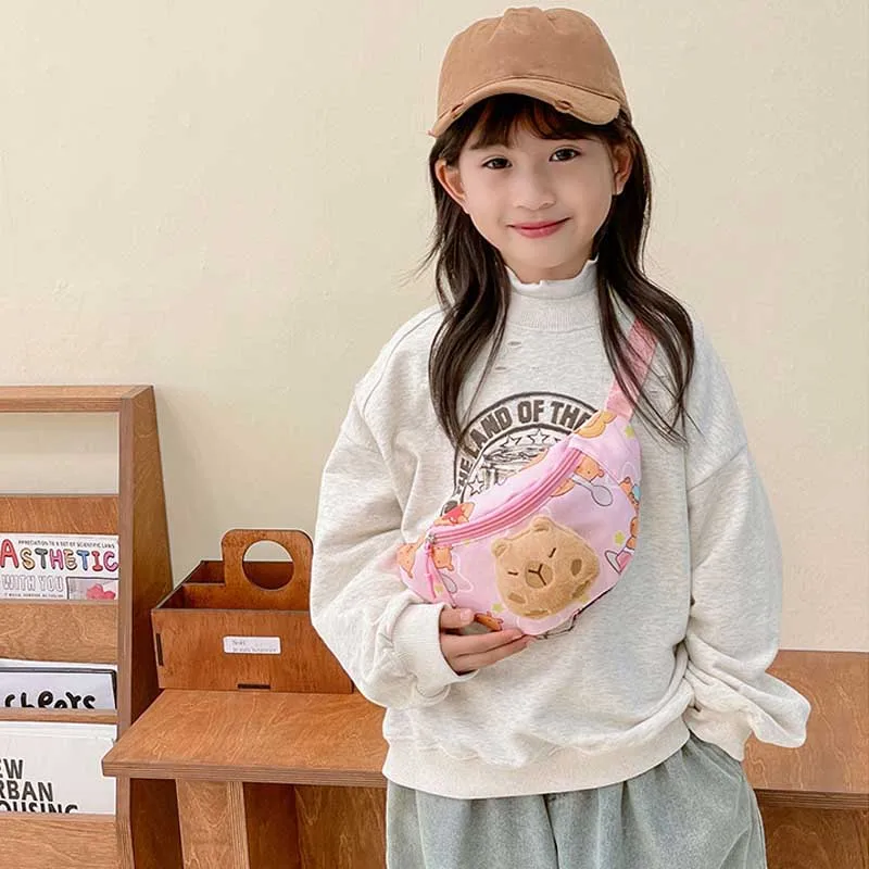 Cartoon Capybara Children's Chest Bag with Plush Doll Simple Shoulder Bag Adjustable Shoulder Strap Large Capacity Waist Bag