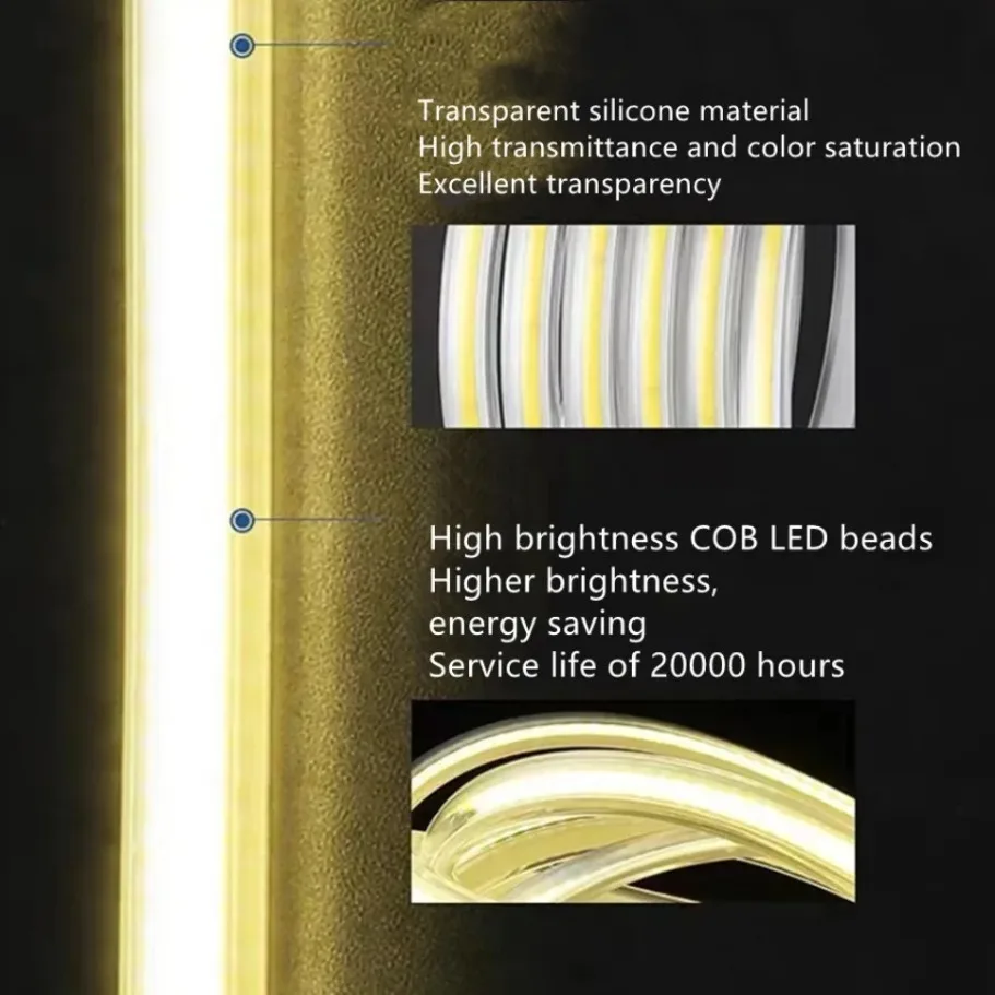 AC220V 렌즈 COB LED 스트립 조명 10MM 테이프 EU 플러그 포함, 실리콘 튜브 램프 IP65 방수, 가정용 실외 정원 조명용