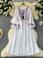 2026 New Spring Autumn Vacation Retro Ethnic Embroidery Dress Lantern Long Sleeve Waist Bohemian Dress A157 - Image 2