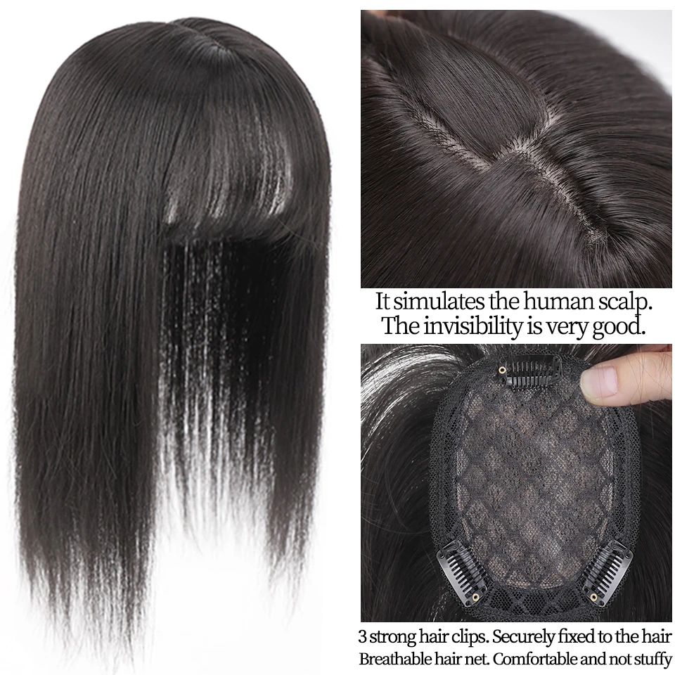 Hair Toppers Hair Extensions Synthetic Short Straight Hair Topper with Bangs Invisible 3D Hair Toupee for Women Water Wave Clip In Extensions