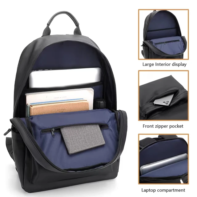 New Fashion Men PU Leather Backpack Black School Bags for Teenager 15.6 Inch Laptop Backpacks Mochila Masculina High Quality 6