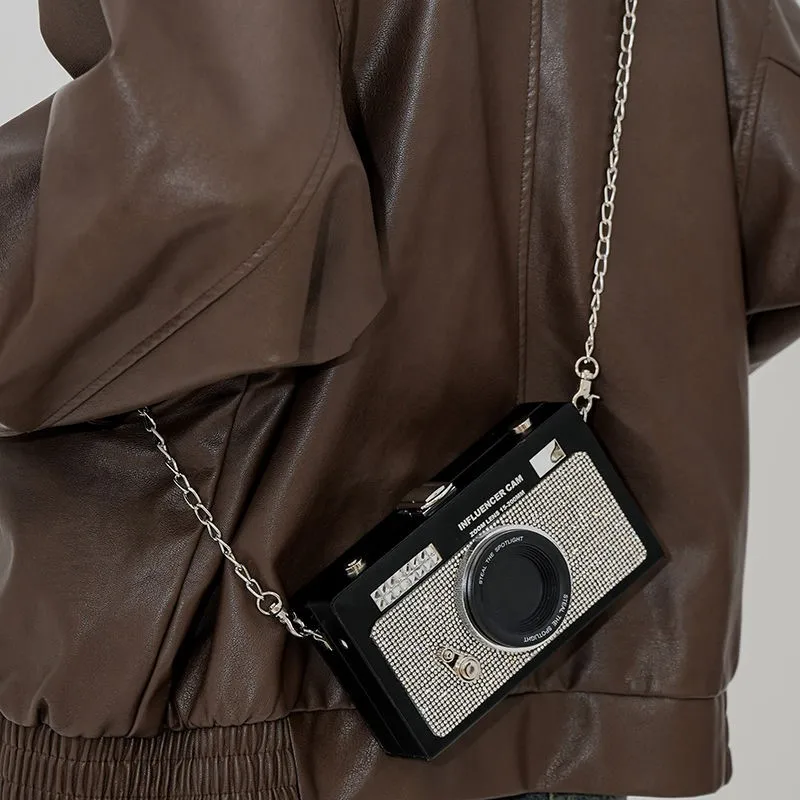 Korean Faux Camera Shape Shoulder Bag Women Chain Rhinestone Box Crossbody Bag Ladies Fashion Unique Design Small Square Bag New