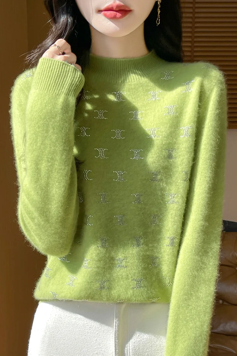 Fall/Winter new 100% Merino wool cashmere sweater Women's half turtleneck pullover double C warm bottom knit shirt top 3