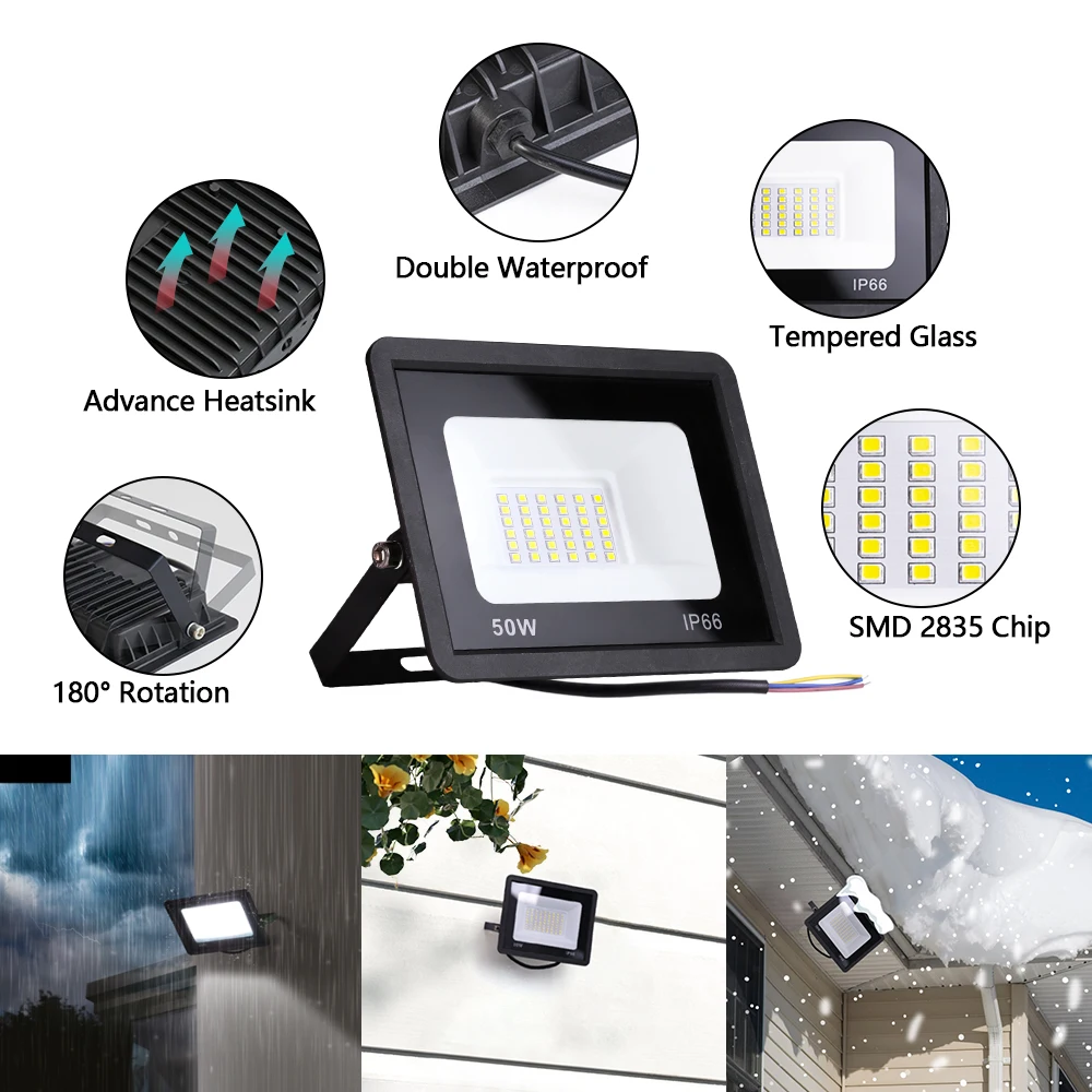 LED 투광 조명, IP66 방수 반사판 스포트라이트 가로등, 야외 정원 램프, 10W, 20W, 30W, 50W, 100W, AC 220V