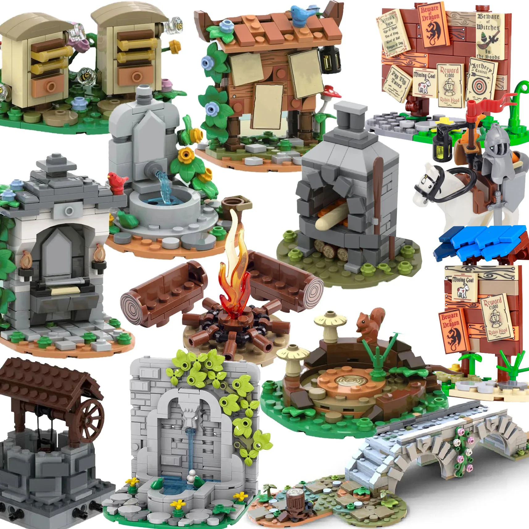 Moc Bacheca Building Blocks Bee Farm Fountain Falò Stufa Città Medievale Street View Water Wall Bridge Road Sign Brick Toy