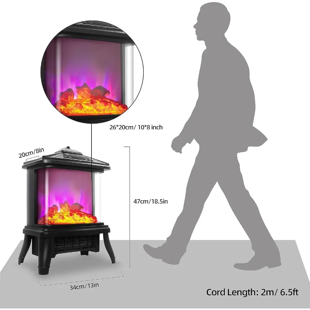 Electric Fireplace Heater with Remote 1500W Portable Freestanding Stove Heater Realistic Flame Effect 7 Colors& 3 Brightness for