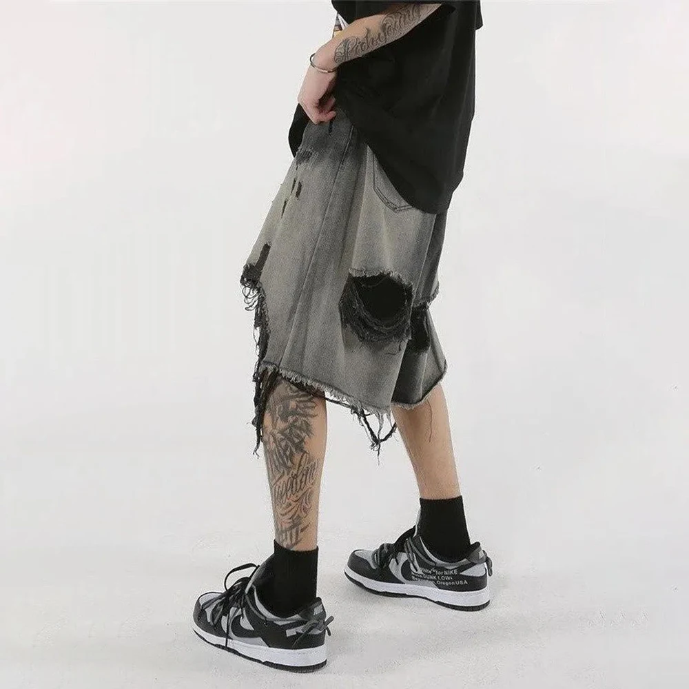 High Street Loose Washed Old Ripped Shorts American Retro Shorts Summer Street Y2K Hip Hop Tassel Wide Leg Casual Denim