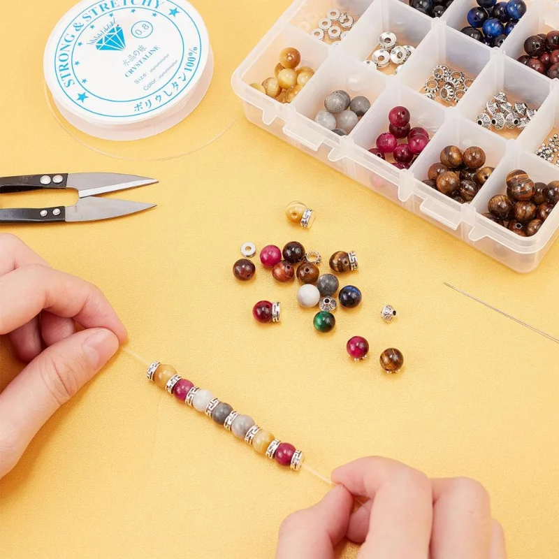 1Box Multicolor Natural Tiger Eye Beads Alloy Spacer Beads for DIY Bracelet Necklace Jewelry Making Crafts with Findings Kit