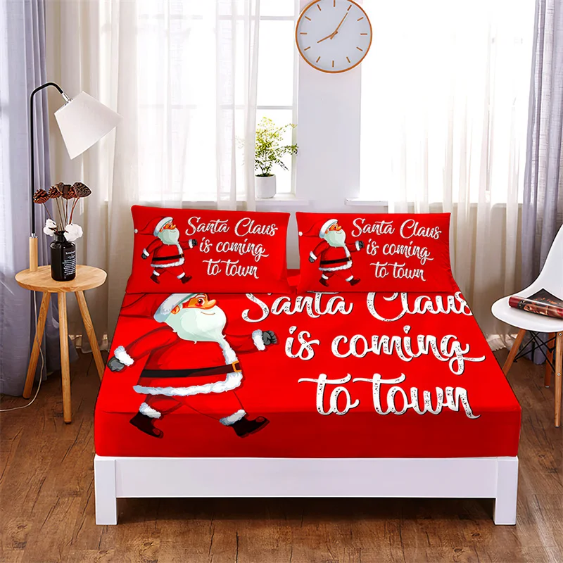 

Santa Claus Bedding Fitted Sheet Four Corners with Elastic Band Sheets Bed Cover Set Christmas Bed Set Sheets Queen Bedding Set