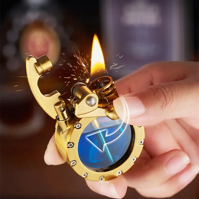 Retro Transparent Oil Tank Metal Rocker Kerosene Lighter Personality Windproof Cigarette Lighter Men Collection Gifts