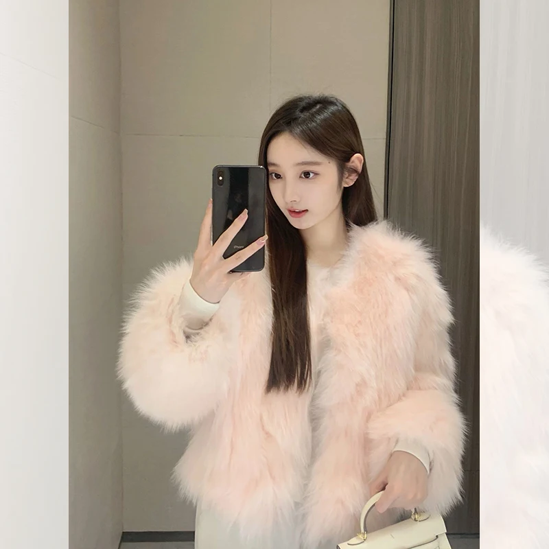 Sweet Cute Pink Faux Fox Fur Women's Coat 2023 Autumn and Winter New Korean Style Long Sleeve V-neck Fake Leather Fur Coat