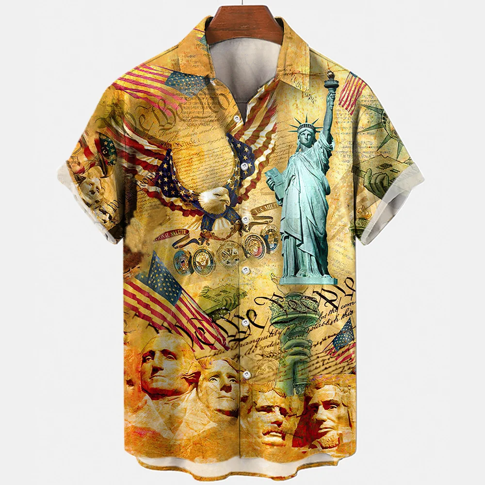 thumbnail image 1 of Camisetas de verano para hombre con la bandera de Estados Unidos y la Estatua de la Libertad, camisa hawaiana de gran tamaño con estampado 3D, ropa para hombre, camisetas con solapa, 1 of 5