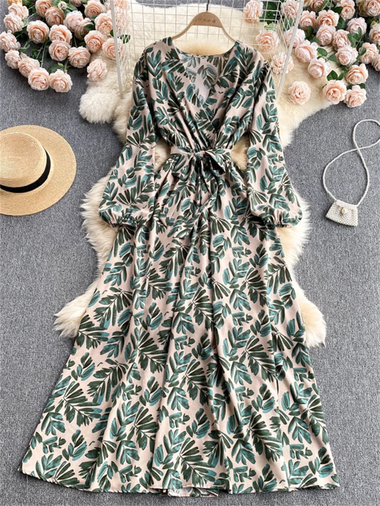 

Платье-Макси женское с цветочным принтом, V-образным вырезом и длинным рукавом